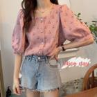 Elbow-sleeve Cherry Patterned Buttoned Top