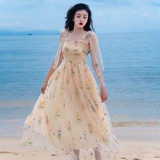 Spaghetti Strap Floral Mesh Maxi A-line Dress