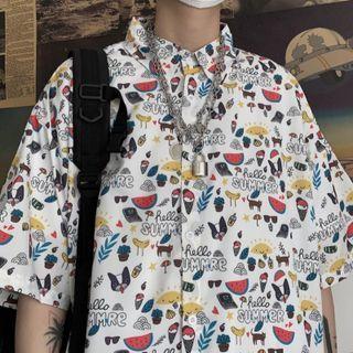 Short-sleeve Cartoon Pattern Print Shirt