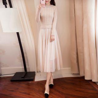 Mock Two-piece Mesh Panel Long-sleeve Dress