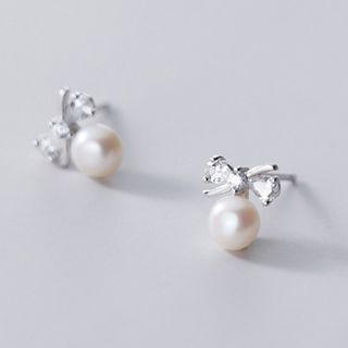 925 Sterling Silver Rhinestone Bow Faux Pearl Earring