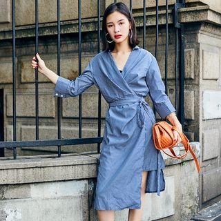 Pinstripe Elbow-sleeve V-neck Dress