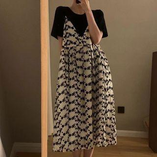 Short-sleeve Plain T-shirt / Spaghetti Strap Floral Print Midi Dress / Set