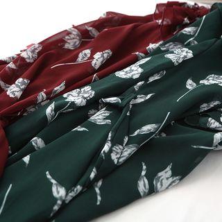 Floral Print Long-sleeve Ruffle Chiffon Dress