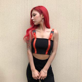 Buckled-strap Smocked Crop Top Black - One Size