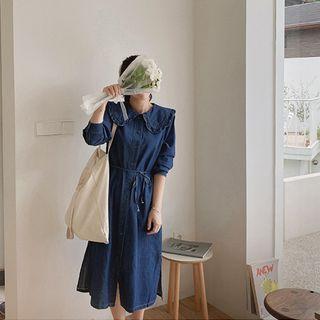 Frilled Sailor-collar Denim Dress With Sash