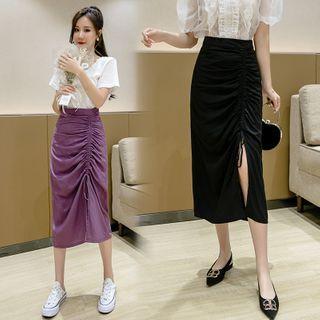 Plain Drawstring Slit Midi Straight-fit Skirt
