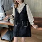 Bell-sleeve Mock Two-piece Tweed Mini A-line Dress