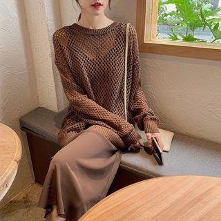 Set: Pointelle Knit Sweater + Spaghetti-strap Midi Dress