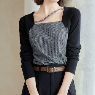 Long-sleeve Checkered Panel Top