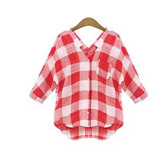 Elbow-sleeve Plaid V-neck Blouse