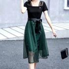 Short-sleeve Tie-waist Dotted Mesh Midi A-line Dress