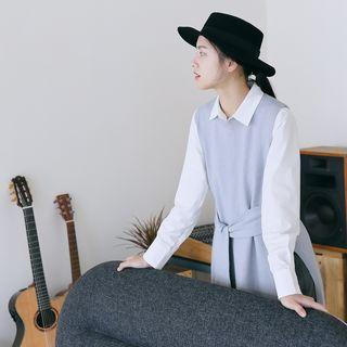 Plain Tie-waist Knit Vest Brown - One Size
