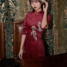 Elbow-sleeve Crane Print Qipao Dress