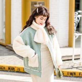 Set: Faux Shearling Panel Zip Corduroy Jacket + Scarf