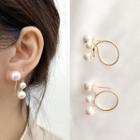 925 Sterling Silver Faux Pearl Hoop Earring 1 Pair - 925 Silver Stud - 3 Faux Pearl - Gold - One Size