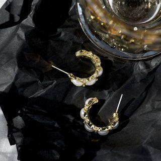 Faux Pearl Alloy Open Hoop Earring Era065-13 - 1 Pair - Gold - One Size
