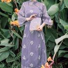 Set: Spaghetti Strap Maxi A-line Dress + 3/4-sleeve Flower Embroidered Long Hanfu Blouse