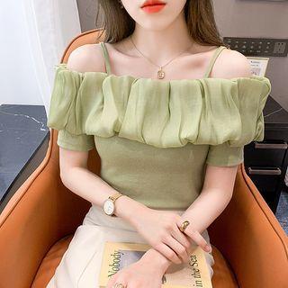 Cold-shoulder Shirred Ribbed Knit Top