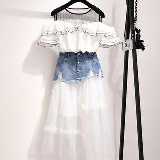 Set: Cold-shoulder Top + Denim Panel A-line Skirt