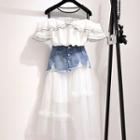 Set: Cold-shoulder Top + Denim Panel A-line Skirt