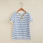 Short-sleeve Striped Embroidery Trim Top