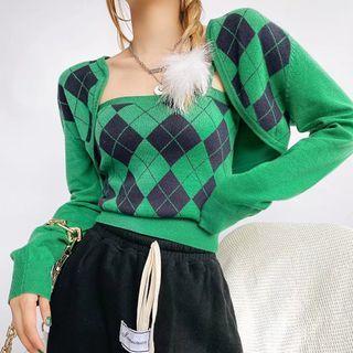 Set: Argyle Camisole + Argyle Long Sleeve Cropped Cardigan