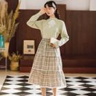 Lace Trim Sweater / Plaid Midi A-line Skirt / Set