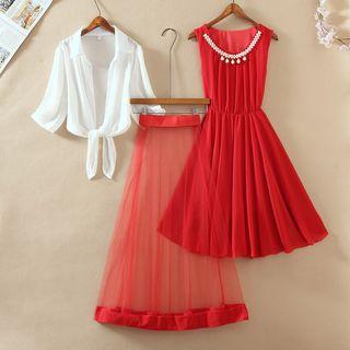 Short-sleeve Chiffon Shirt + Camisole Top Skirt + Mesh Skirt Set