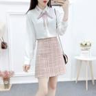 Striped Bow Chiffon Blouse / Plaid A-line Skirt