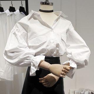 Puff-sleeve Plain Loose-fit Blouse