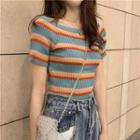 Striped Off-shoulder Short-sleeve T-shirt As Shown In Figure - One Size