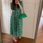 Short-sleeve Floral A-line Midi Dress Floral - Green - One Size