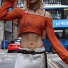 Long Sleeve Off Shoulder Crochet Crop Knit Top
