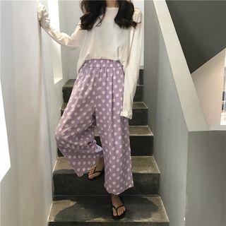 Plain Long-sleeve Top / Dot High-waist Cropped Wide-leg Pants