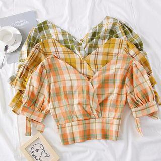 Wide-neck Plaid Crop Blouse