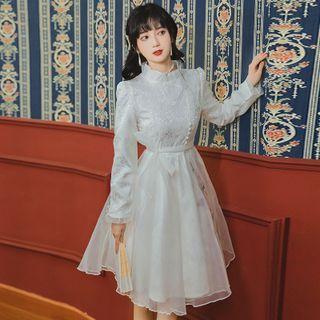 Long-sleeve Floral Embroidered A-line Mesh Dress