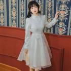 Long-sleeve Floral Embroidered A-line Mesh Dress