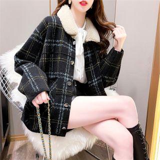 Fleece Collared Plaid Coat