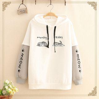 Color-block Sleeve Cat Print Fleece-lined Hoodie