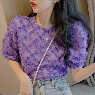 Flower Applique Puff-sleeve Mesh Blouse