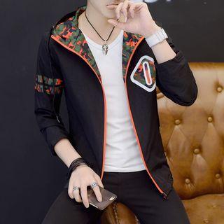 Hooded Camouflage Panel Zip Jacket