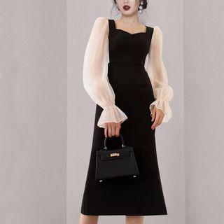 Puff-sleeve Paneled Slit A-line Dress