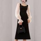 Puff-sleeve Paneled Slit A-line Dress