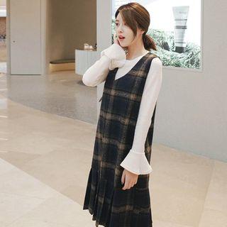 Set: Bell-sleeve Top + Plaid V-neck Pinafore Dress