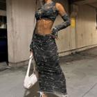 Set: Mesh Crop Tank Top + Print Maxi Pencil Skirt + Arm Gloves