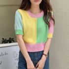 Short-sleeve Color Block Knit Top Blue & Green & Yellow - One Size