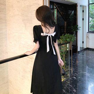 Puff Sleeve Square Neck Bow Accent A-line Dress