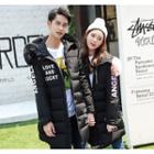 Couple Matching Furry Trim Lettering Long Padded Jacket