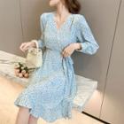 Long Sleeve Floral Lace Trim Chiffon Wrapped Dress